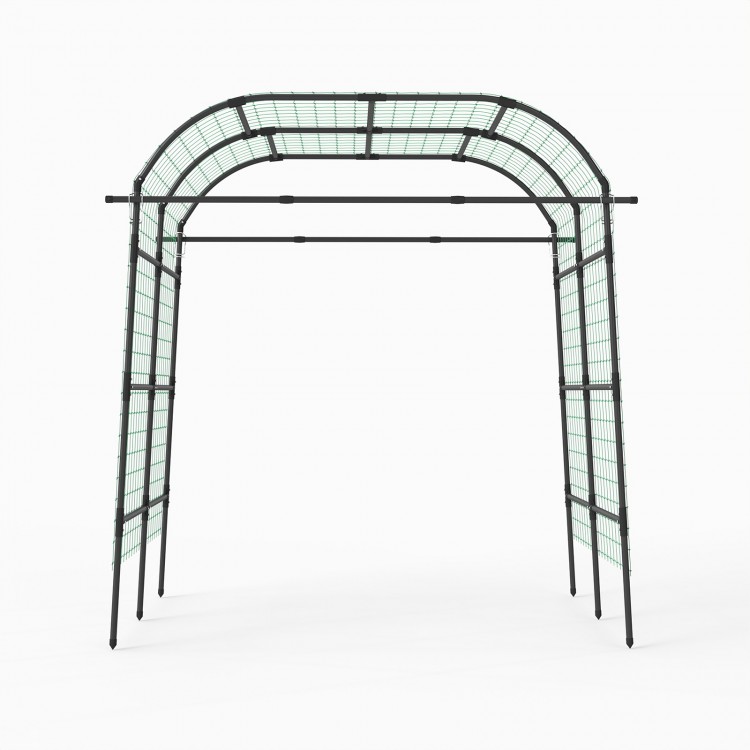 Tall black metal garden arch trellis for climbing plants, adjustable width, promotes healthy growth and easy harvesting.
