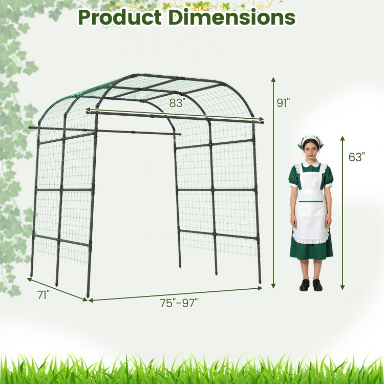 Metal garden arch trellis for climbing plants, 7.5 FT tall, adjustable width, black finish, ideal for outdoor gardens.