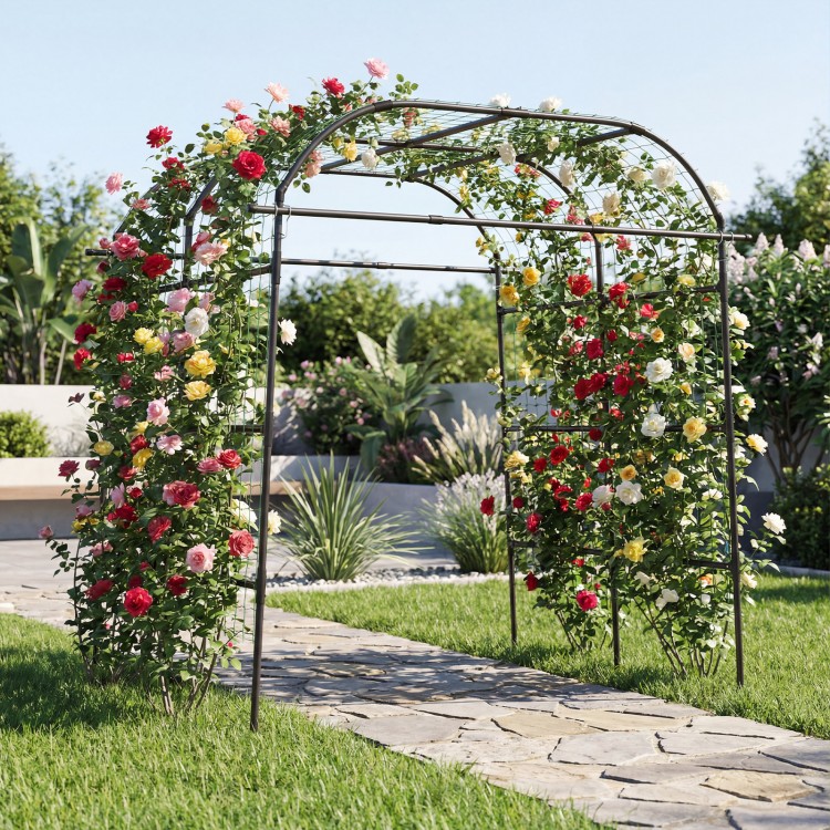 Metal garden arch trellis for climbing plants, 7.5 FT tall, black, offers vertical support and enhances garden.