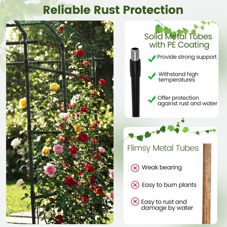 7.5 FT tall black metal garden arch trellis with PE-coated tubes, providing support for climbing plants outdoors.