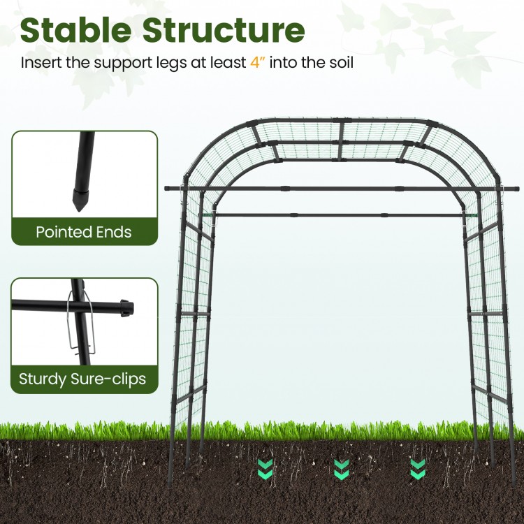 7.5 FT tall black metal garden arch trellis with pointed ends, providing stable support for climbing plants outdoors.