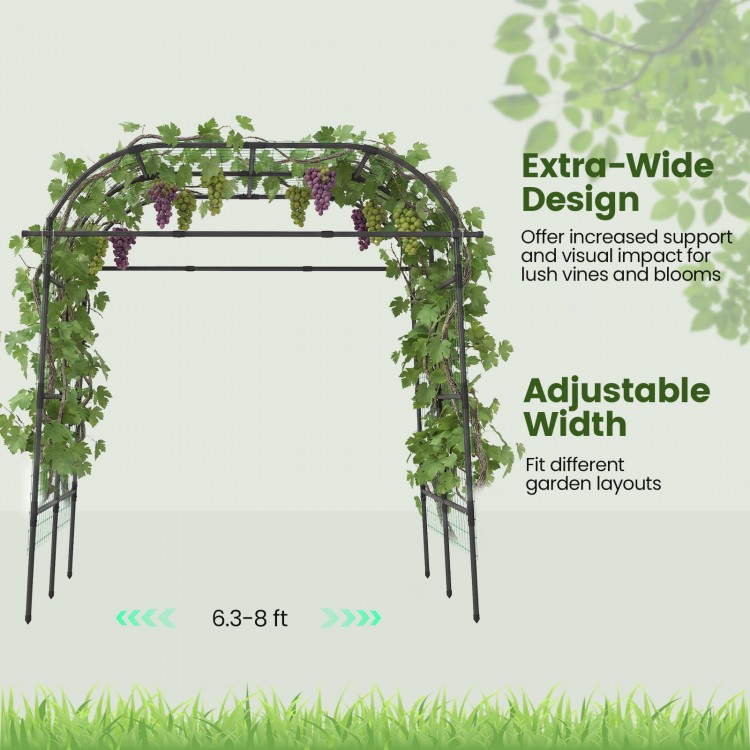 Metal garden arch trellis for climbing plants, 7.5 ft tall, adjustable width, extra-wide design for vibrant growth.