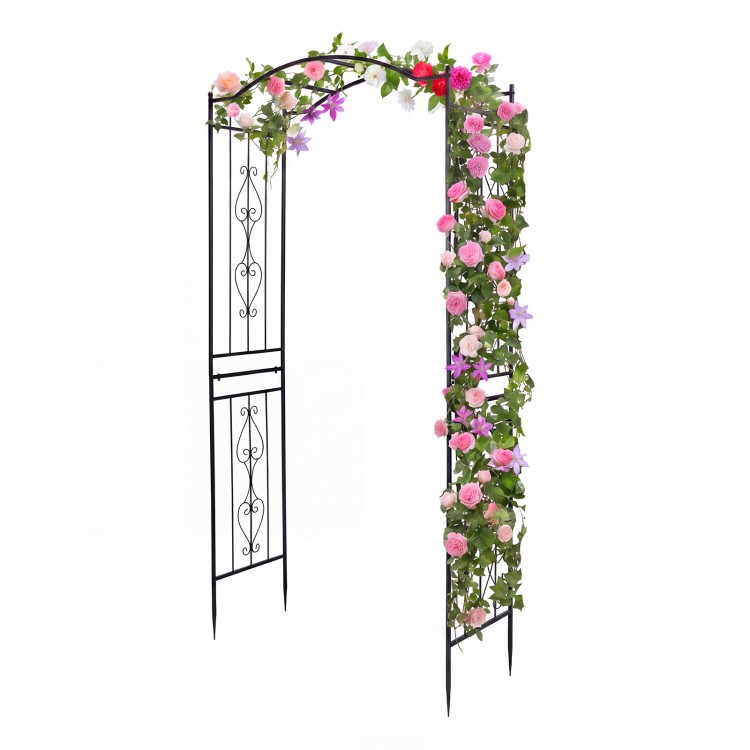 Heavy-duty metal garden arbor trellis with curved roof, adorned with flowers, ideal for outdoor events and climbing.