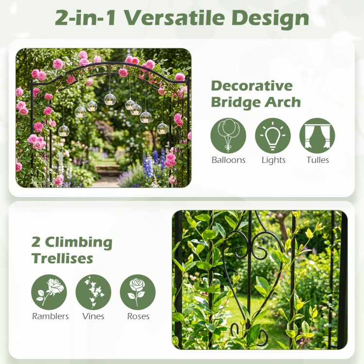 Heavy-duty metal garden arbor with curved roof, featuring climbing trellises for roses and vines, ideal for outdoor.
