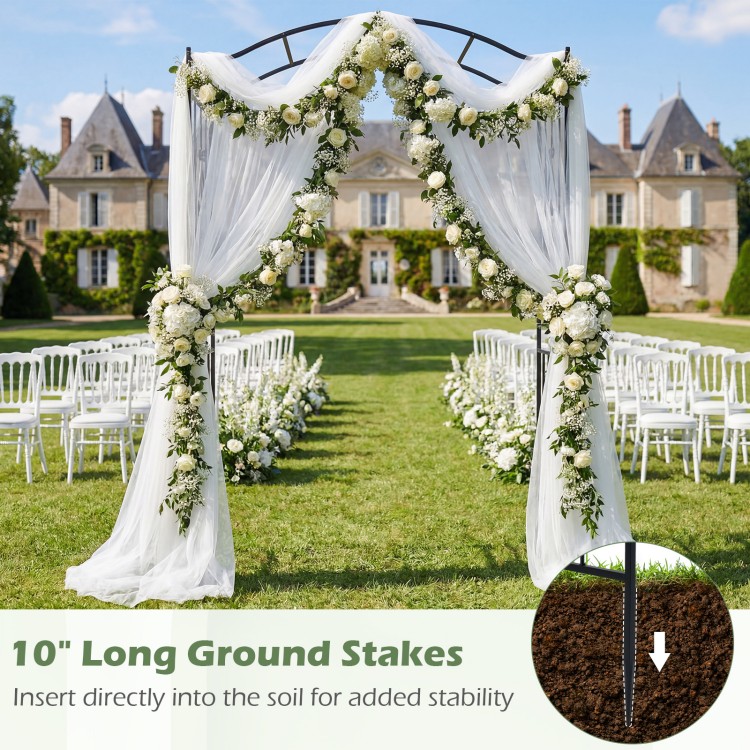 10" long ground stakes for securing the 7.5 feet heavy-duty metal garden arbor in soil, ideal for outdoor events.