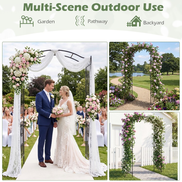 Heavy-duty 7.5 feet metal garden arbor with curved roof, ideal for weddings and supporting climbing plants outdoors.