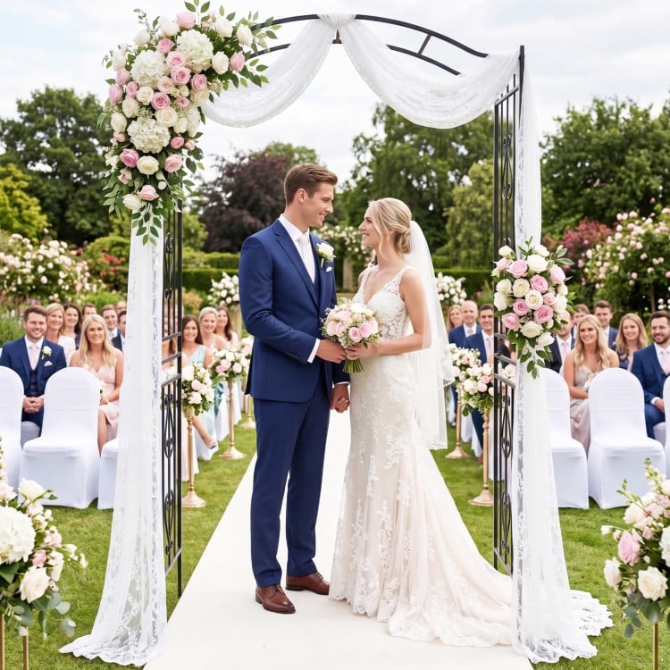 Heavy-duty metal garden arbor with curved roof, perfect for weddings and outdoor events, supporting climbing plants.