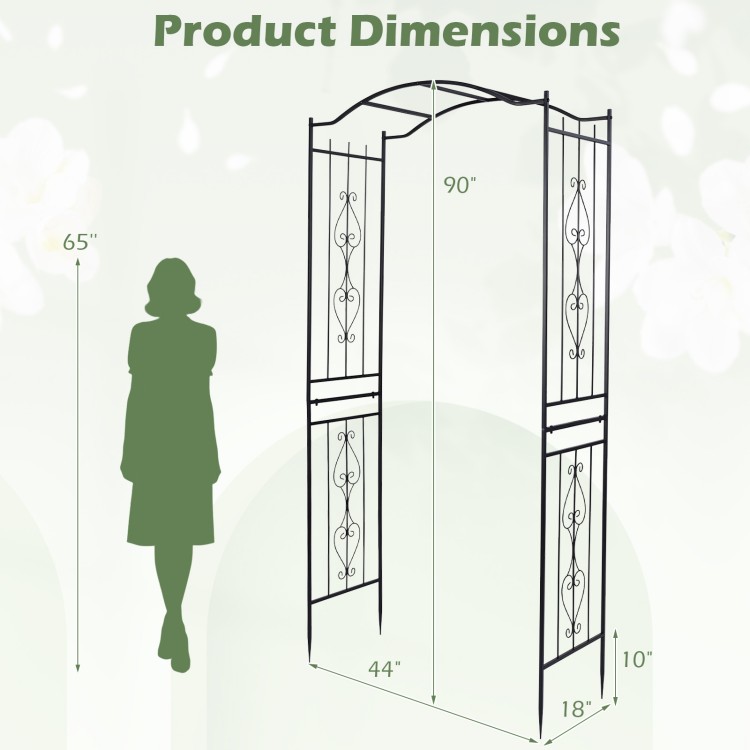 Garden arbor dimensions showing a heavy-duty metal arch trellis, 90" tall, ideal for climbing plants and outdoor events.