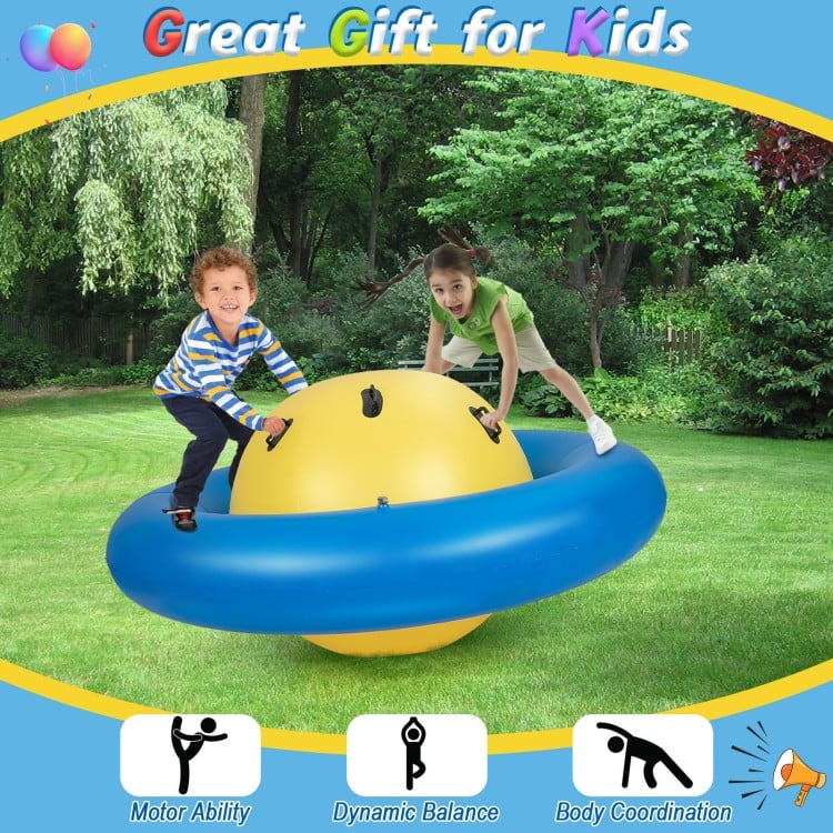 Giant inflatable dome rocker bouncer for kids in blue, featuring 6 handles for climbing and bouncing fun outdoors.