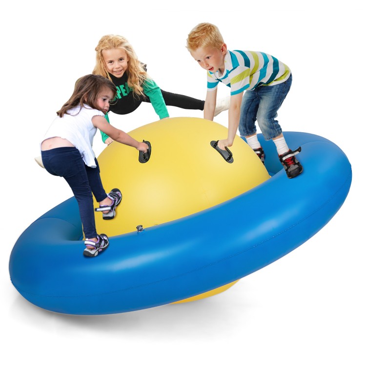 Giant inflatable dome rocker bouncer for kids, featuring blue and yellow design with 6 handles for indoor and outdoor.