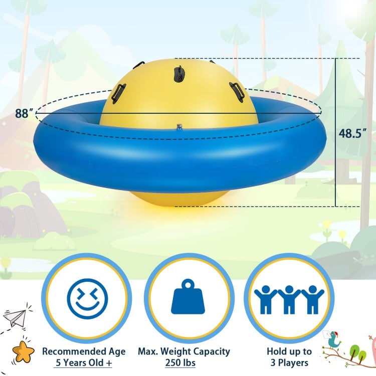 Giant inflatable dome rocker bouncer in blue, 7.5 feet, with 6 handles, for 3 kids to play indoors or outdoors.