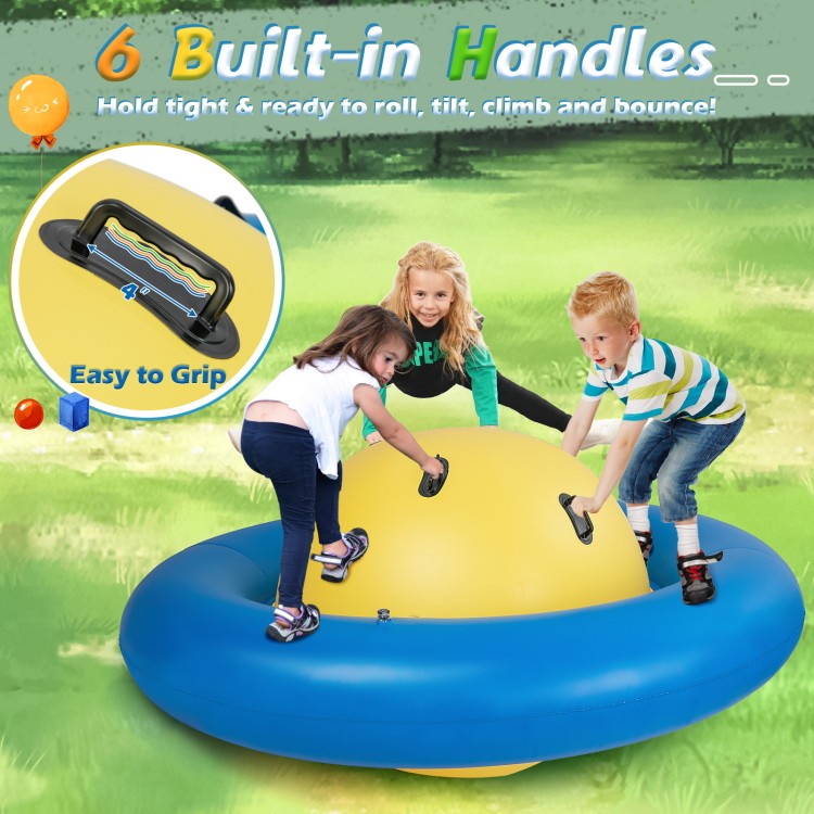 Giant inflatable dome rocker bouncer in blue with 6 handles, perfect for kids to climb, bounce, and play together.