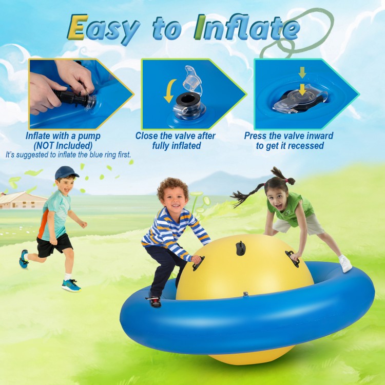 Giant inflatable dome rocker bouncer for kids in blue, featuring 6 handles for climbing, bouncing, and rolling fun.
