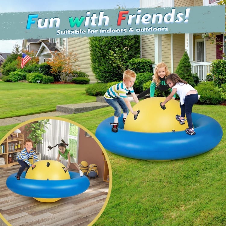 Giant inflatable dome rocker bouncer in blue for kids, featuring 6 handles for climbing and bouncing indoors or.