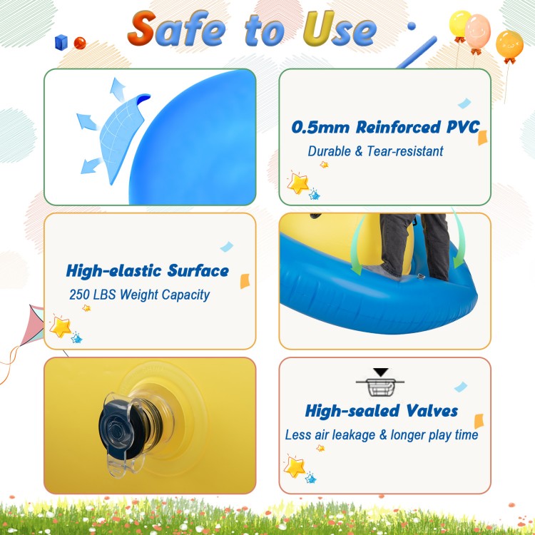 Giant inflatable dome rocker bouncer in blue, made of 0.5mm reinforced PVC, features 6 handles for kids' play.
