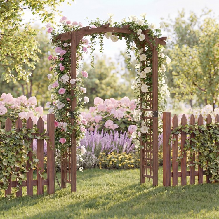 Wooden garden arch trellis in rustic brown, designed for climbing plants, ideal for weddings or patio entryways.