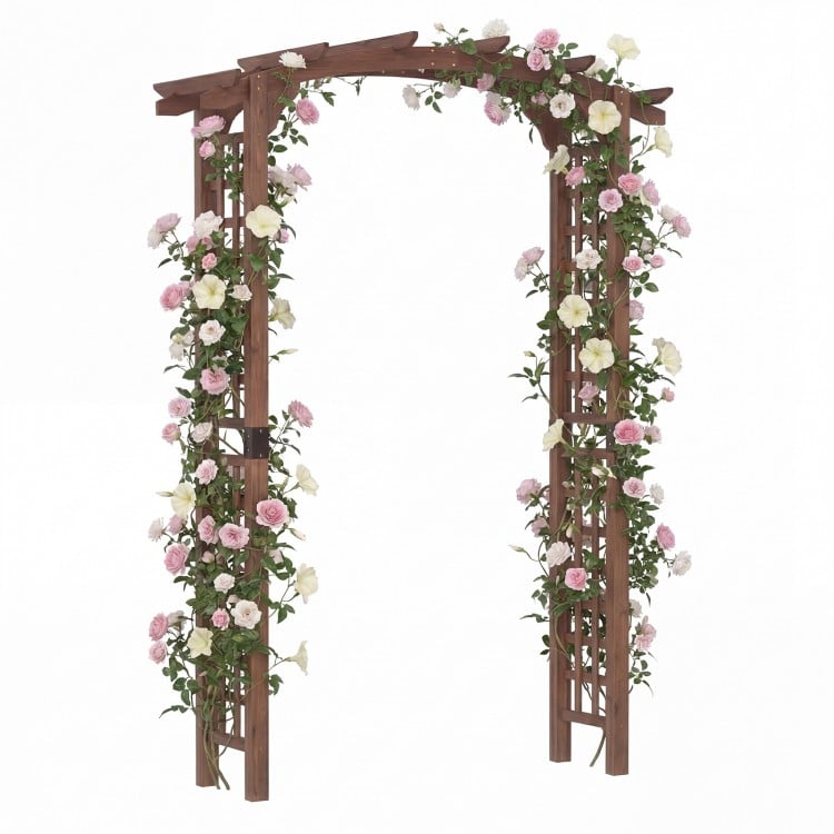 Wooden garden arch trellis in rustic brown with flowers, ideal for climbing plants and outdoor decor.
