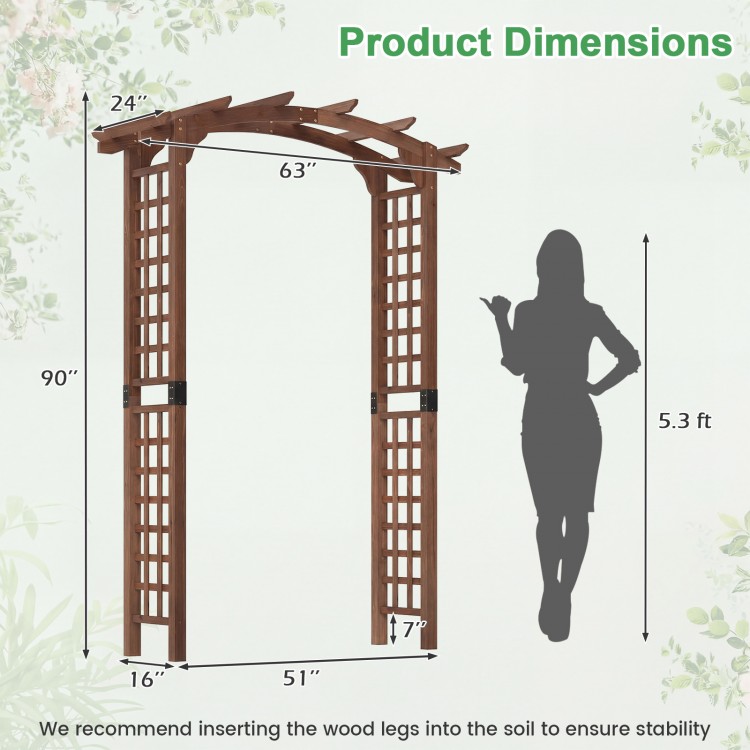 Wooden garden arch trellis in rustic brown, 7.5 ft tall, designed for climbing plants and outdoor decoration.