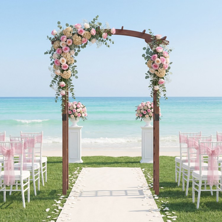 Wooden garden arch with floral decorations, ideal for weddings or outdoor events, made of durable fir wood.