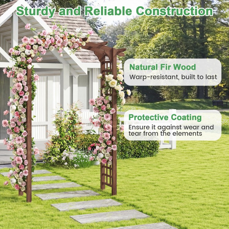 Wooden garden arch trellis made of fir wood, featuring a protective coating, ideal for climbing plants and outdoor.