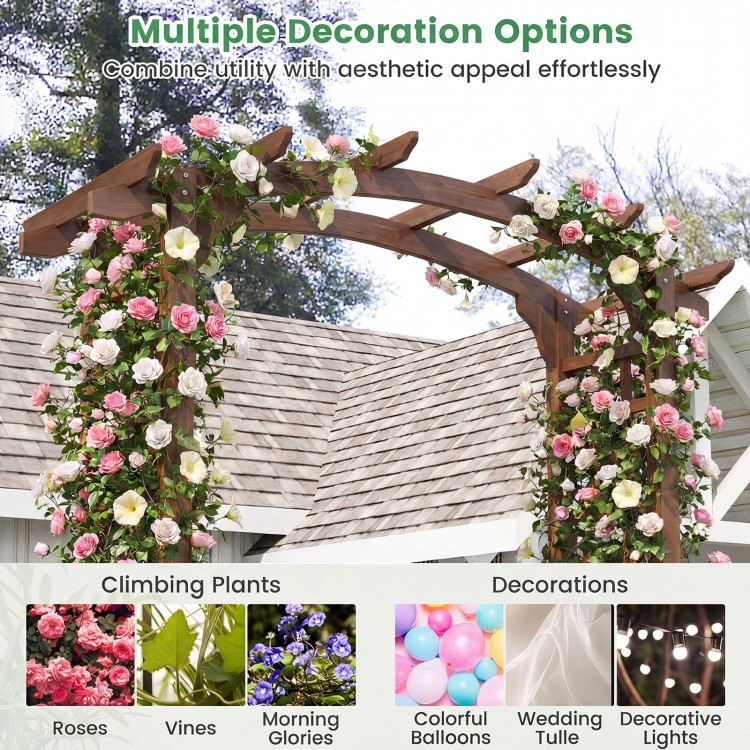 Wooden garden arch trellis for climbing plants, featuring rustic brown finish and decorative flowers for outdoor events.