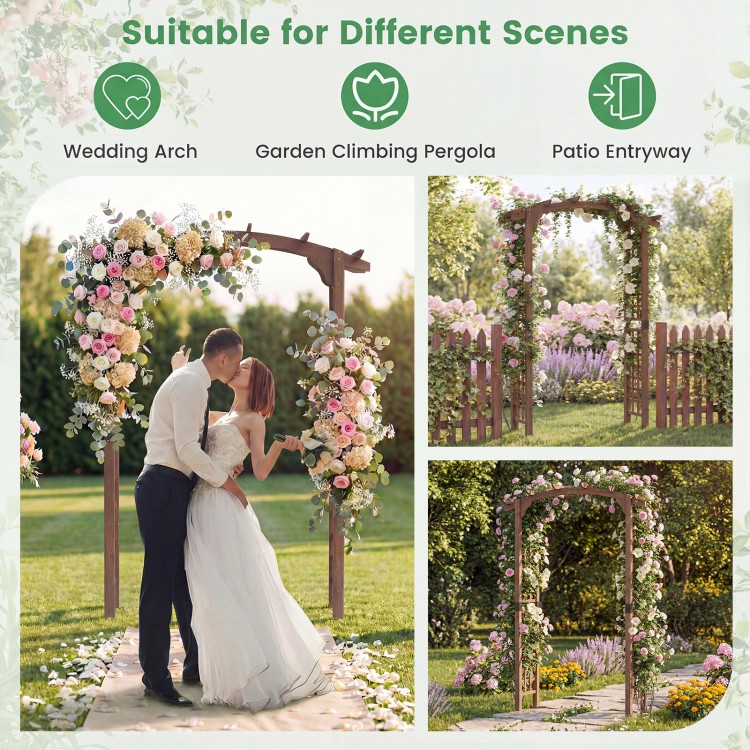 7.5 Ft wooden garden arch in rustic brown, perfect for weddings, patio entryways, or climbing plants support.