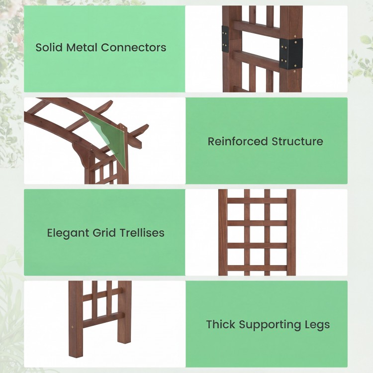 Wooden garden arch trellis in rustic brown with elegant grid design, sturdy legs, and metal connectors for climbing.