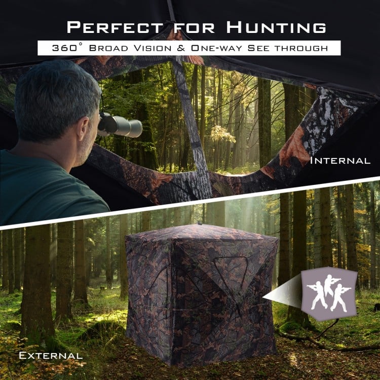 Portable deer pop-up camo hunting blind with 360° visibility, durable weatherproof material, and shoot-through windows.