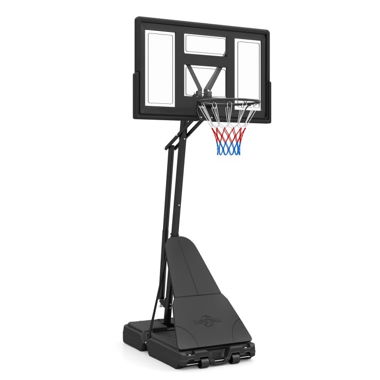 Height adjustable basketball goal system with shatterproof backboard, sturdy rim, and portable design for outdoor play.