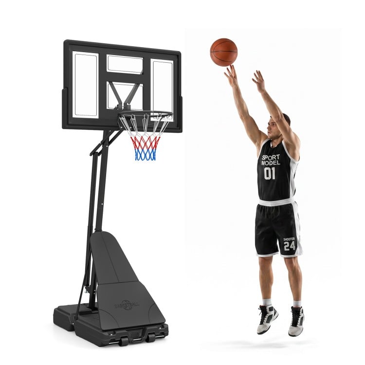 Height adjustable basketball goal system with shatterproof backboard, sturdy rim, and portable design for easy play.
