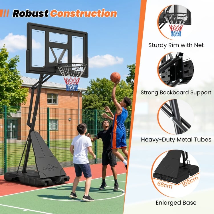 Height adjustable basketball goal system with sturdy rim, shatterproof backboard, and heavy-duty metal tubes for.