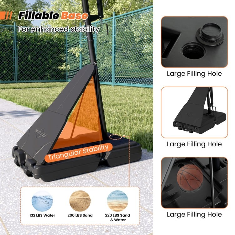 Fillable base of the 7.7-10 FT basketball goal system, designed for stability with large filling holes for sand or.