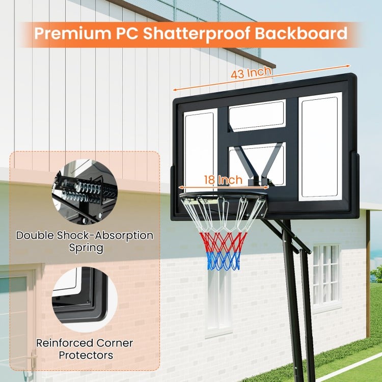 Shatterproof PC backboard basketball goal system with adjustable height, reinforced corners, and anti-tip base for.