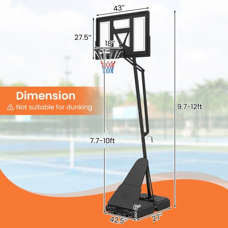 Height adjustable basketball goal system, 7.7-10 ft, with shatterproof backboard and anti-tip base for stability.
