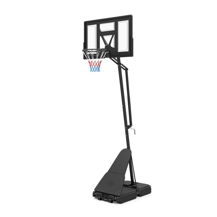 Height adjustable basketball goal system, 7.7-10 ft, with shatterproof backboard and portable design for easy setup.