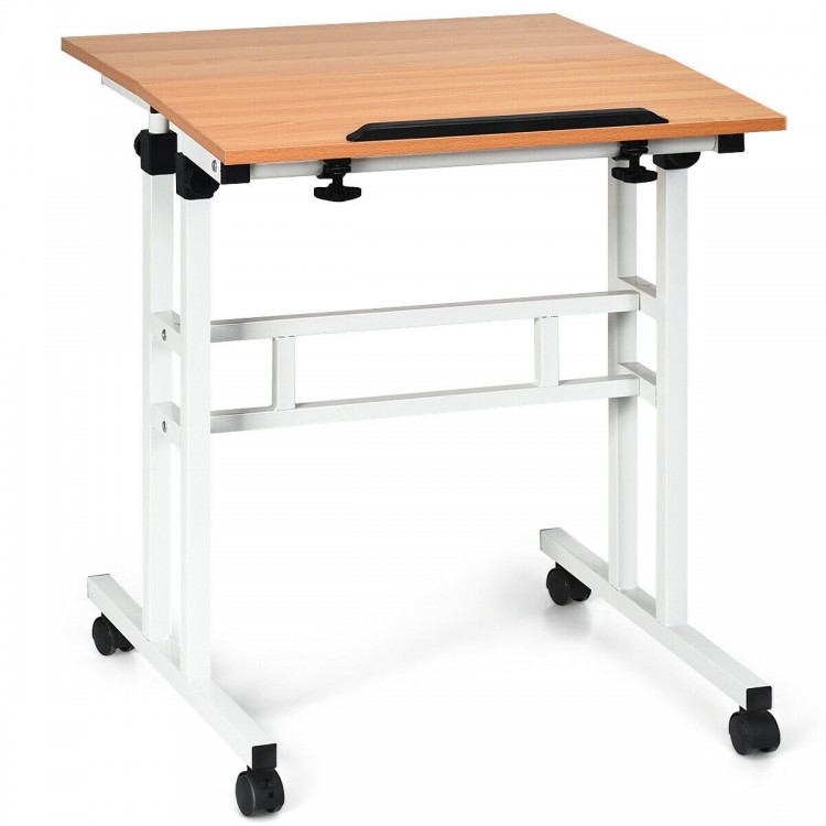 Height adjustable sit-stand computer desk with a spacious surface, tilting design, and rolling wheels for easy mobility.