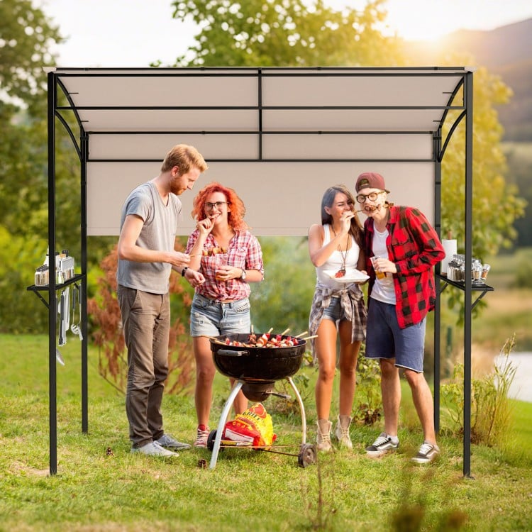 Outdoor patio BBQ canopy with metal shelves, beige polyester fabric, and built-in bottle openers for convenient grilling.