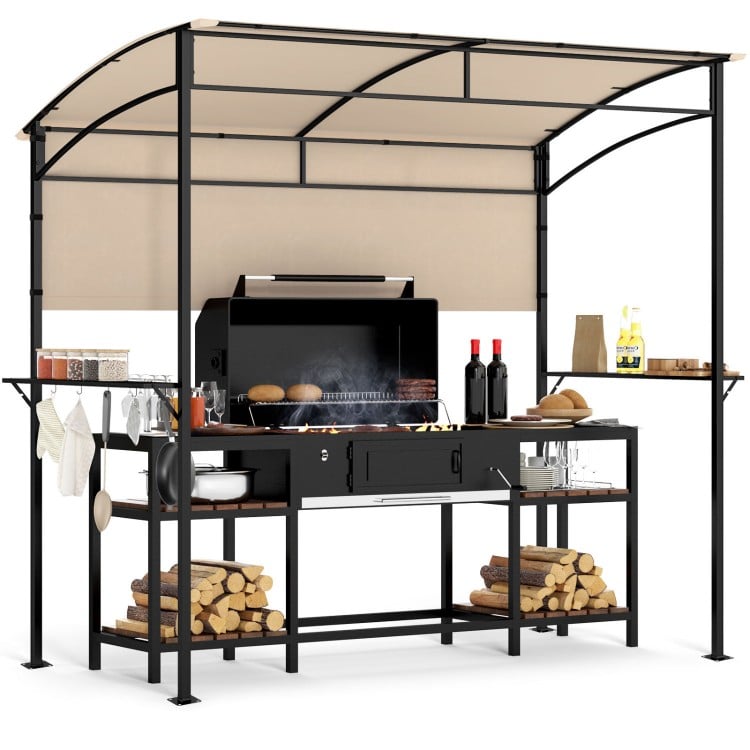 Outdoor patio BBQ canopy with metal shelves, beige polyester fabric, and built-in bottle openers for convenient cooking.