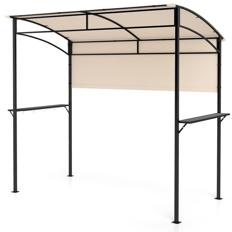 Outdoor patio BBQ canopy with beige polyester fabric, metal shelves, and bottle openers for convenient cooking prep.