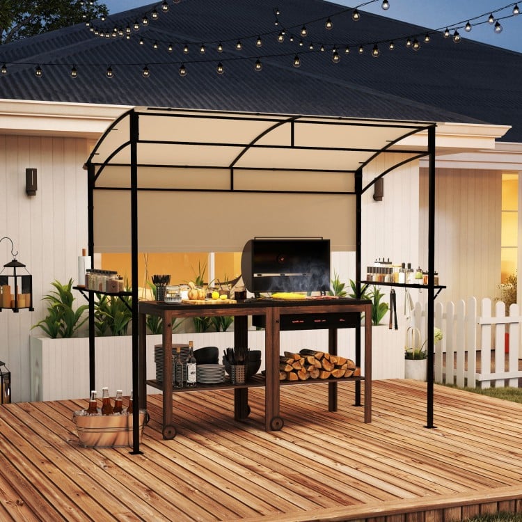 Outdoor patio BBQ canopy with metal shelves and bottle openers, featuring a beige polyester fabric for sun protection.