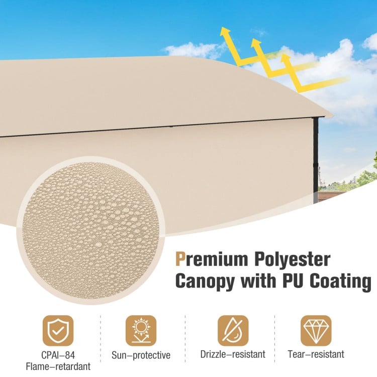 Beige 7.8 x 4.4 FT outdoor patio BBQ canopy made of premium polyester with PU coating for sun protection and stability.