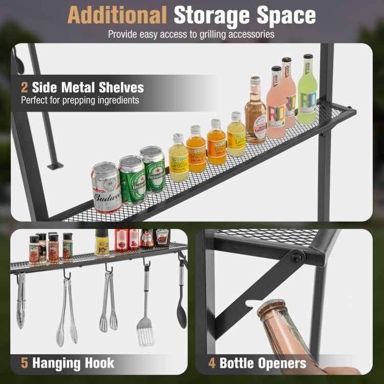Outdoor patio BBQ canopy with beige polyester fabric, featuring 2 metal shelves, 5 hooks, and 4 bottle openers for convenience.