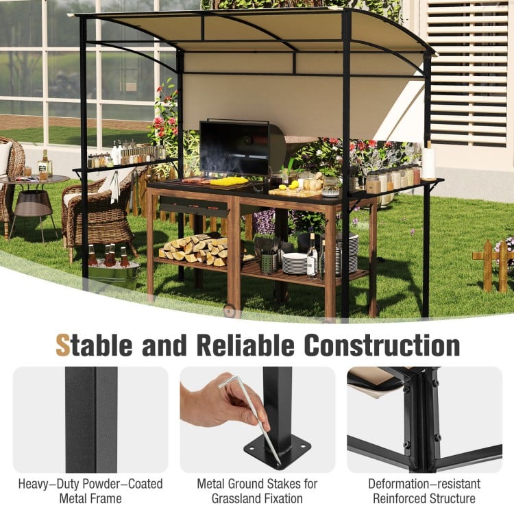 Outdoor patio BBQ canopy with metal shelves, beige polyester fabric, and reinforced structure for reliable sun protection.