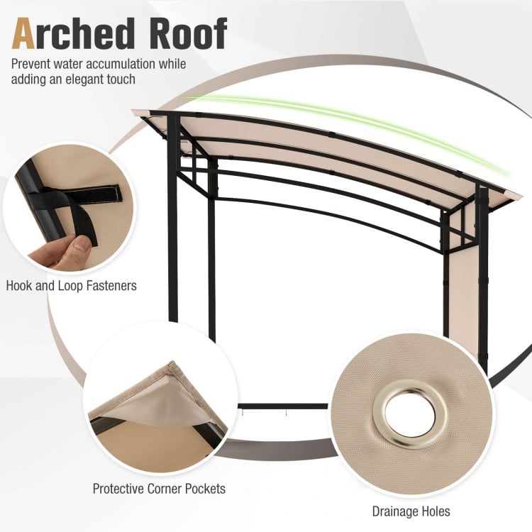 Arched roof outdoor patio BBQ canopy with beige polyester fabric, drainage holes, and protective corner pockets for stability.