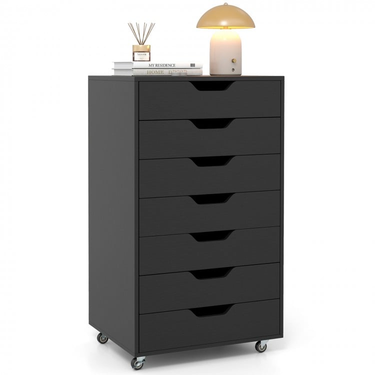7-drawer black wooden storage dresser with lockable wheels, ideal for office or bedroom organization.