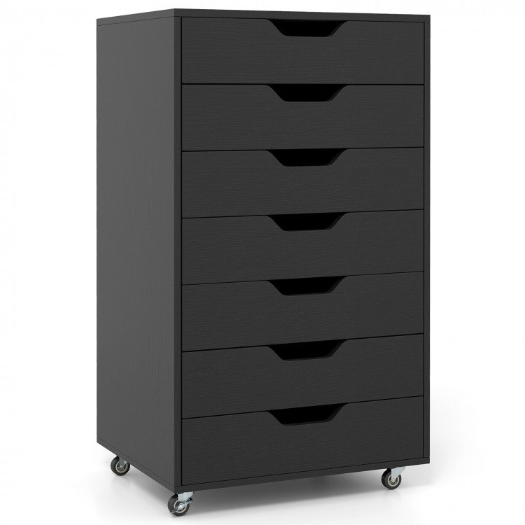 7-drawer black wooden storage dresser with lockable wheels, featuring cut-out handles and smooth metal guide rails.