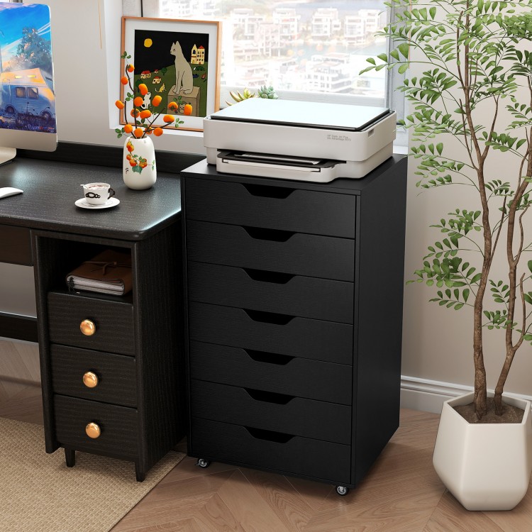Side view of a 7-drawer black wooden storage dresser with lockable wheels, perfect for stable organization in any room.