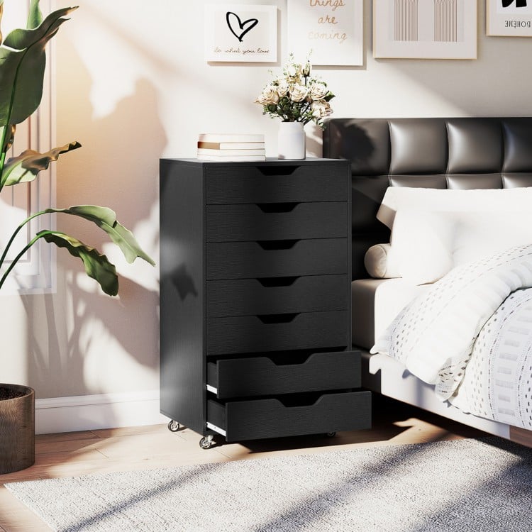 7-drawer black wooden storage dresser with lockable wheels, ideal for bedroom or office organization.