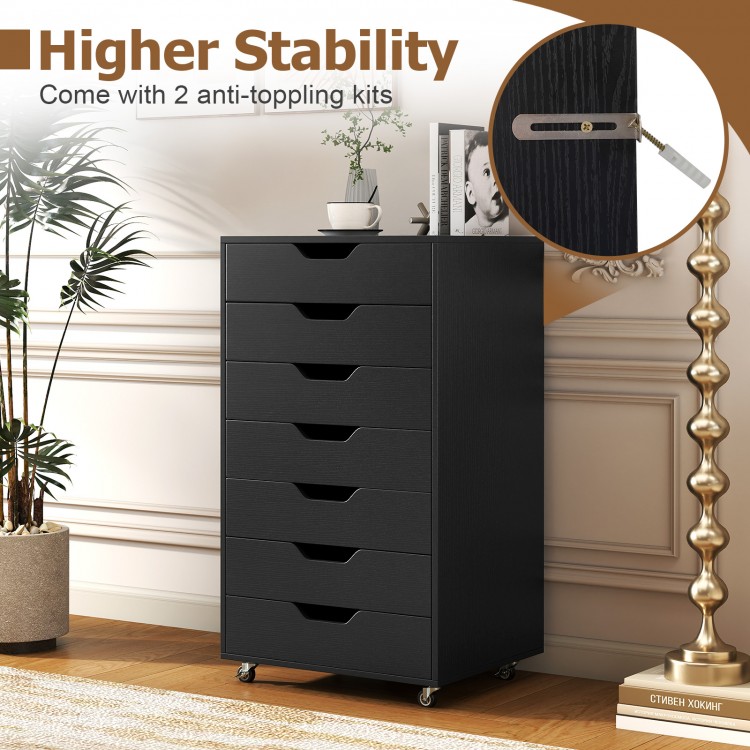 7-drawer black wooden storage dresser with lockable wheels and anti-toppling kits, ideal for office or bedroom use.