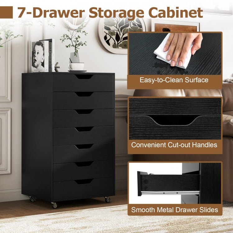 7-drawer black storage cabinet with cut-out handles and lockable wheels, ideal for office or bedroom organization.
